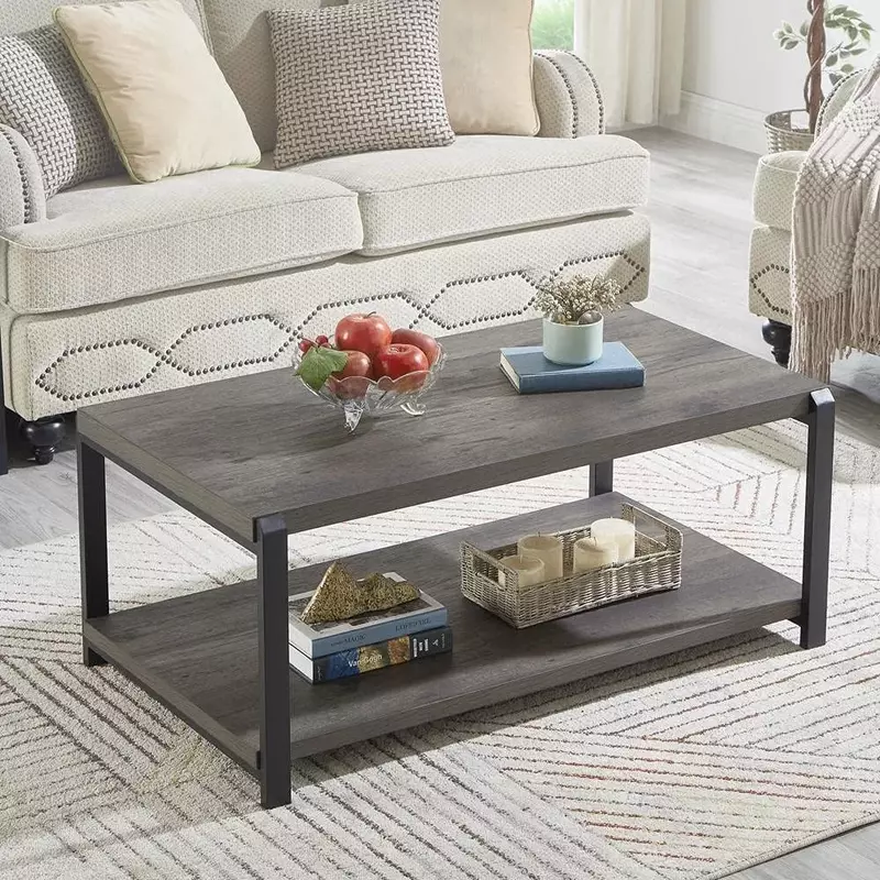 Couch tisch mit Ablage fach, rustikaler Cocktail tisch aus Holz und Metall für Wohnzimmer, grau, geeignet für Wohnzimmer