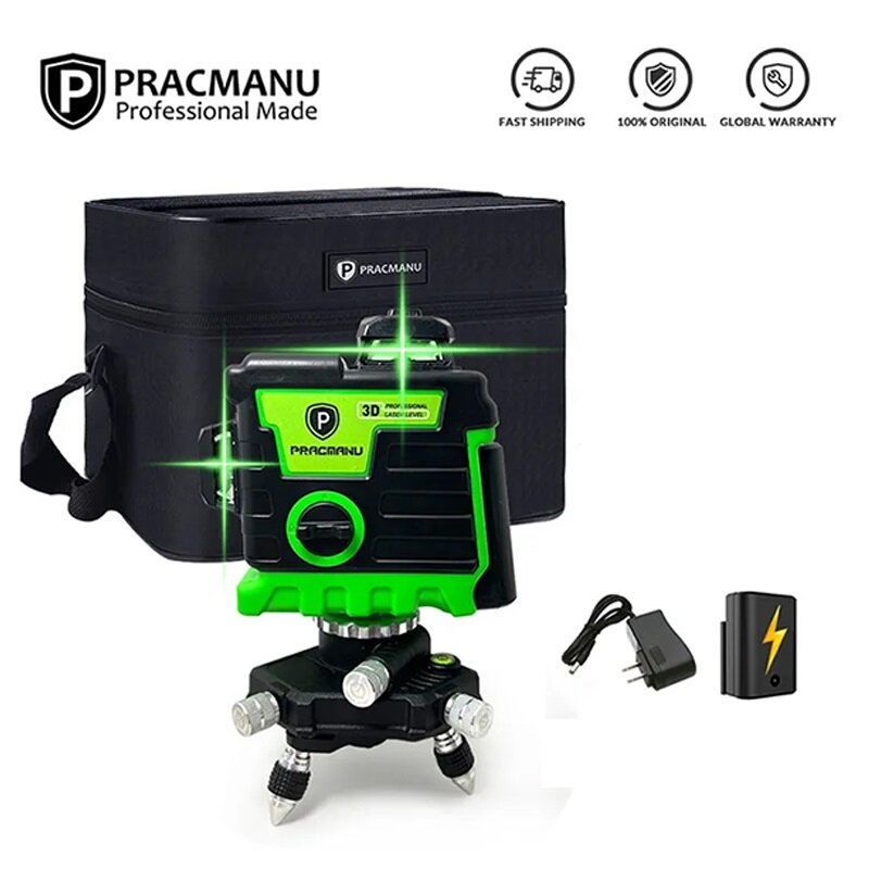 Pracmanu-3D Nível Laser Auto-Nivelante, 12 Linhas, 360 Graus, Controle com 1/2 Bateria Poderosa