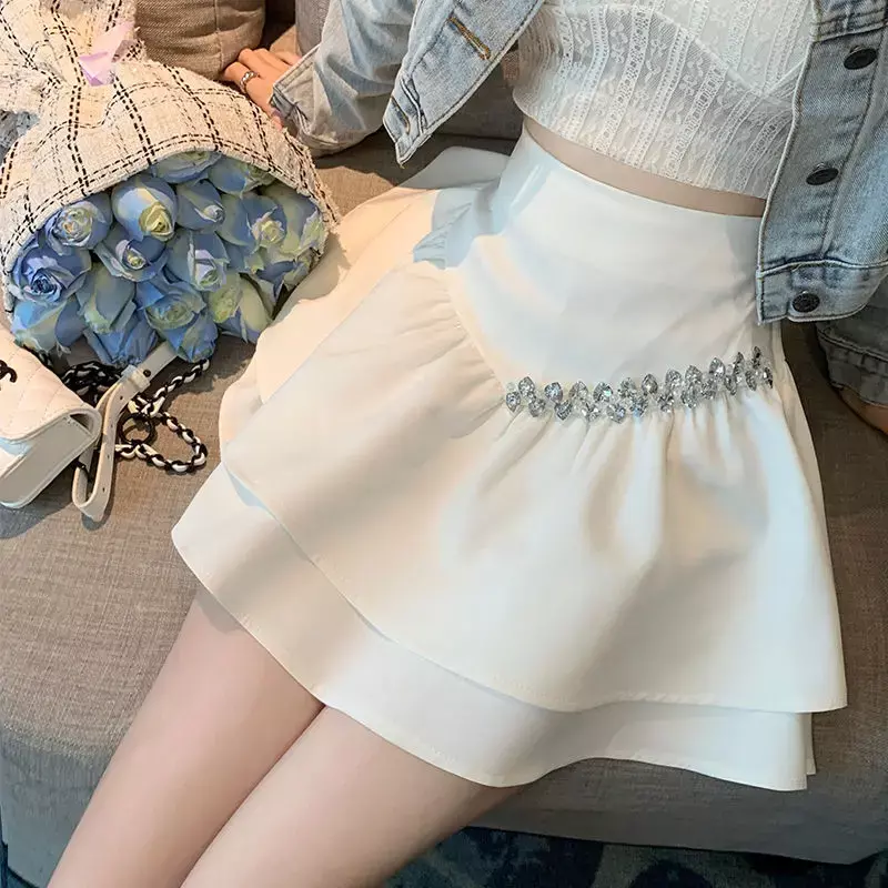 Милая универсальная юбка в Корейском стиле с оборками и бриллиантами, летняя новая Элегантная Модная школьная мини-юбка А-силуэта с высокой талией