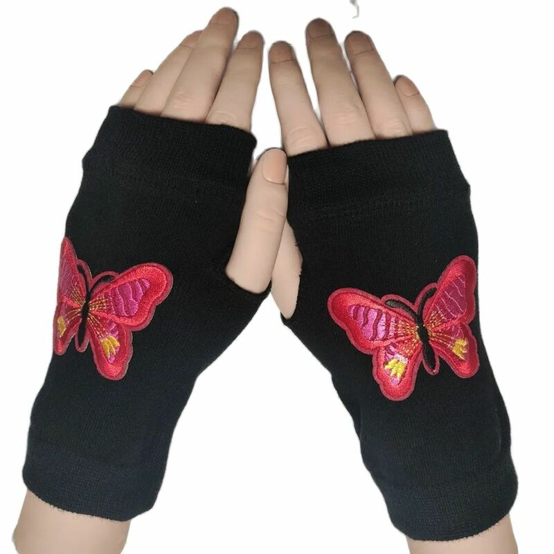 Sarung tangan dansa cocok untuk semua musim katun rajut untuk pria dan wanita karet tanpa jari kupu-kupu hitam rajutan Glovs