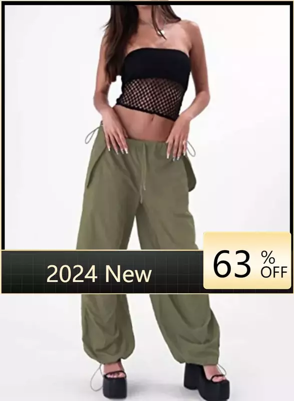 กางเกงจ็อกเกอร์ลำลองสำหรับผู้หญิงกางเกงวินเทจเอวต่ำมีเชือกรูดกางเกงขายาวขากว้าง Y2K กางเกงคาร์โก้สตรีทแวร์