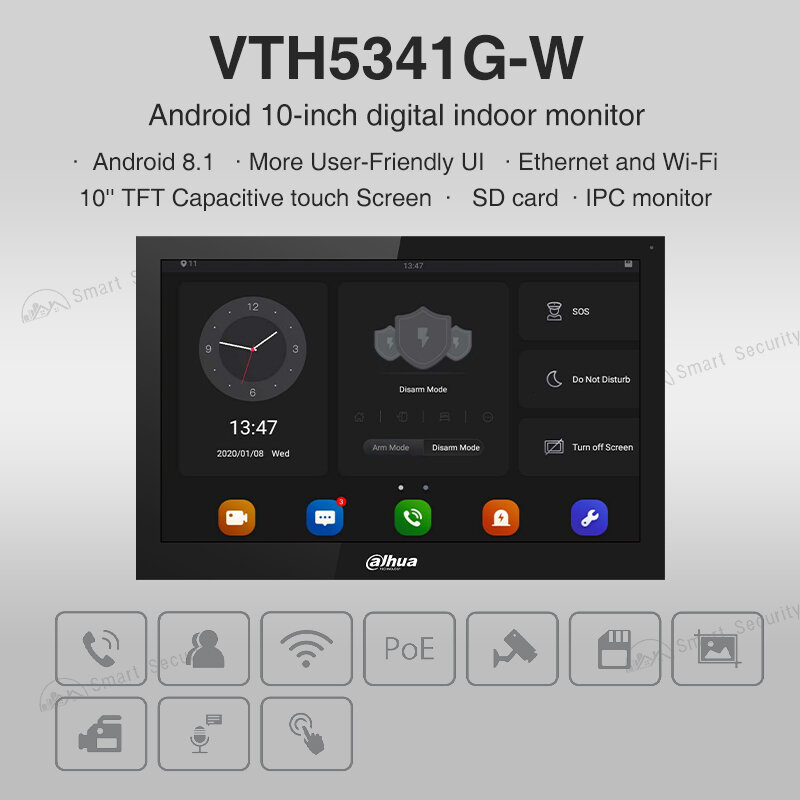 Dahua MultiLang Android WiFi Video interkom Monitor dalam ruangan sistem pratinjau kamera layar 10 inci bel pintu dua arah VTH5341G-W bicara