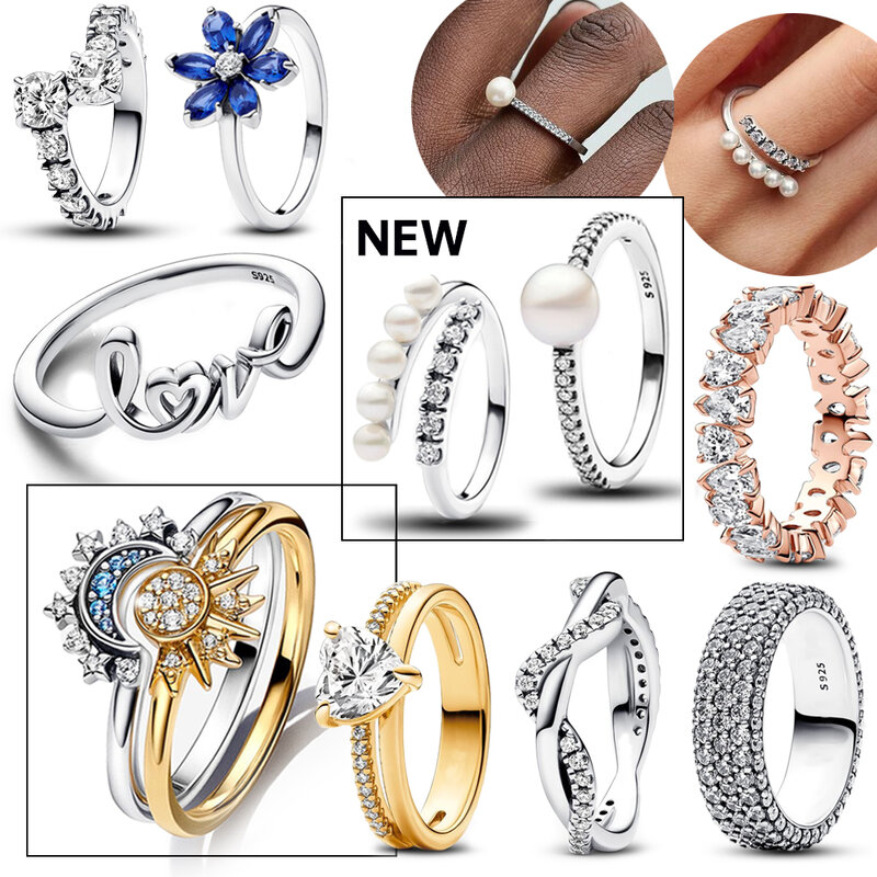 Hot Sale 925 Sterling Silver 14K Gold Moon and Star Ring Set Diamond Heart Ring for Women Fine Jewelry Party Gift