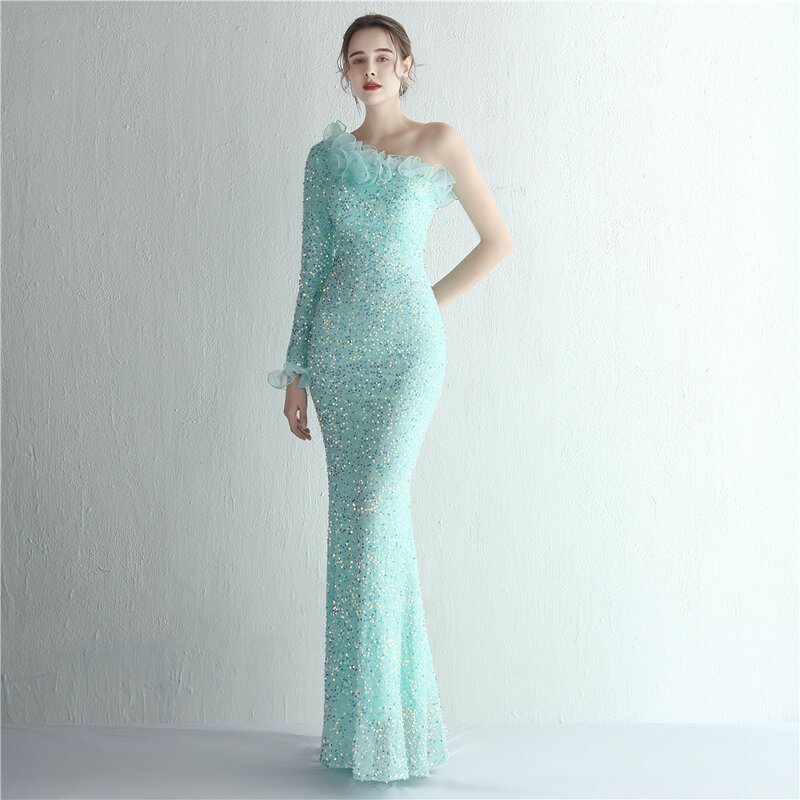 Full Sleeves Mermaid Evening Dress Glitter Sequins Ruffles Tulle Prom Gown One Shoulder Long Pageant Guest Party Robe De Mariée