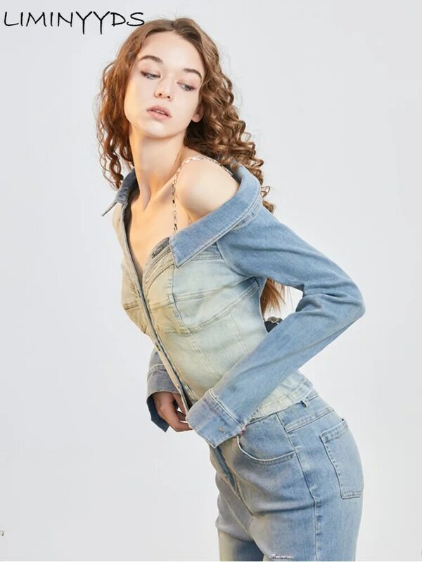 Camicia di jeans giacca Design senso della minoranza camicia con spalle scoperte camicetta da donna all'inizio della primavera