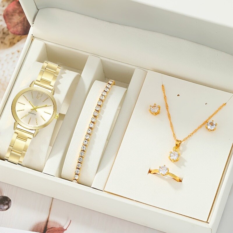 Kegllect-Relógio de pulso feminino de quartzo em aço inoxidável, conjuntos simples de jóias, sem caixa, novo, 5 peças