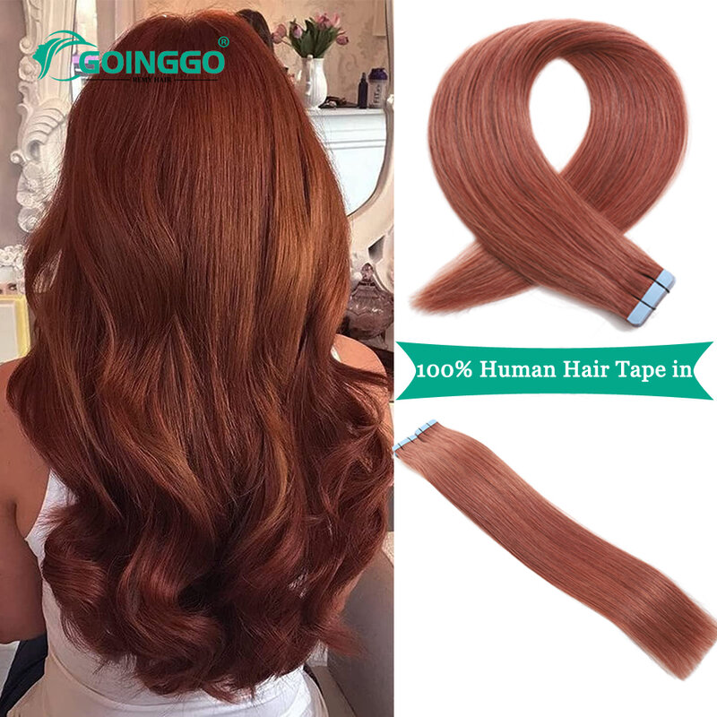 Auburn Tape In Hair Extensions Human Hair Copper Skin Weft Adhesive Tape In Extensions Real Natural Hair Seamless Tape Ins 10Pcs