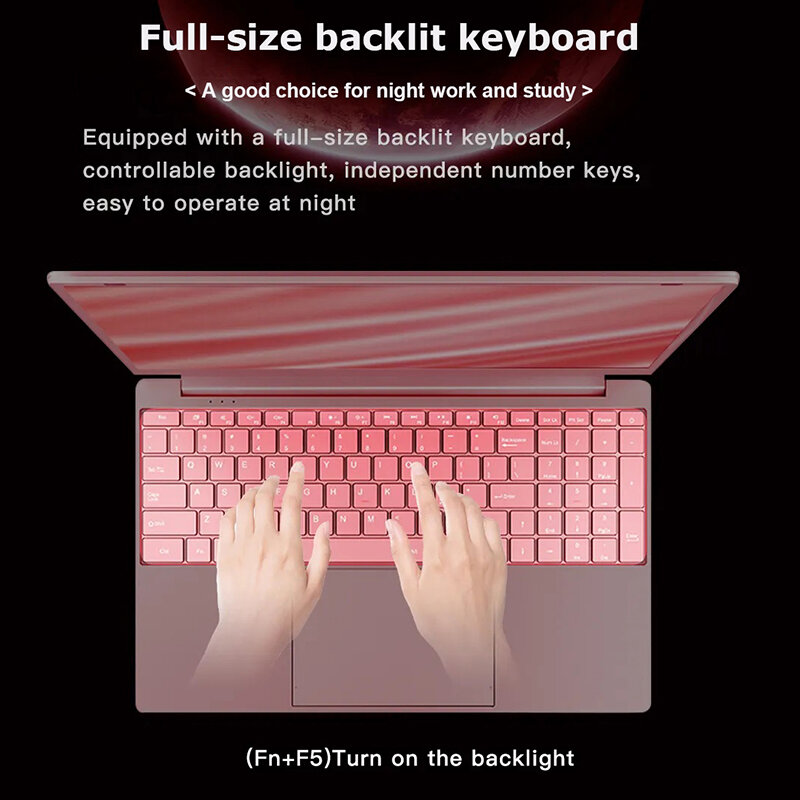 핑크 노트북 윈도우 10 사무실 교육용 게이밍 노트북, 핑크 15.6 인치, 10 세대 인텔 셀러론 J4125, 12G RAM, 1T 듀얼 와이파이, 좁은 측면