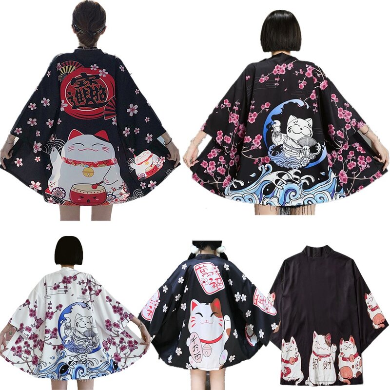 Kimono motif kucing Jepang Kimono Samurai Pria Wanita Kimono pakaian tradisional Asia Harajuku kaus kardigan Cosplay