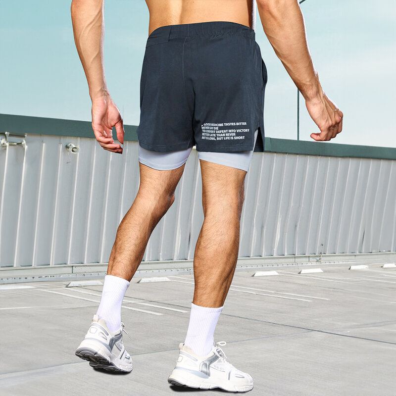 กางเกงวิ่งกีฬาบุรุษกางเกงขาสั้น2-in-1วิ่งออกกำลังกายระบายอากาศสองชั้นกระเป๋าที่ซ่อน