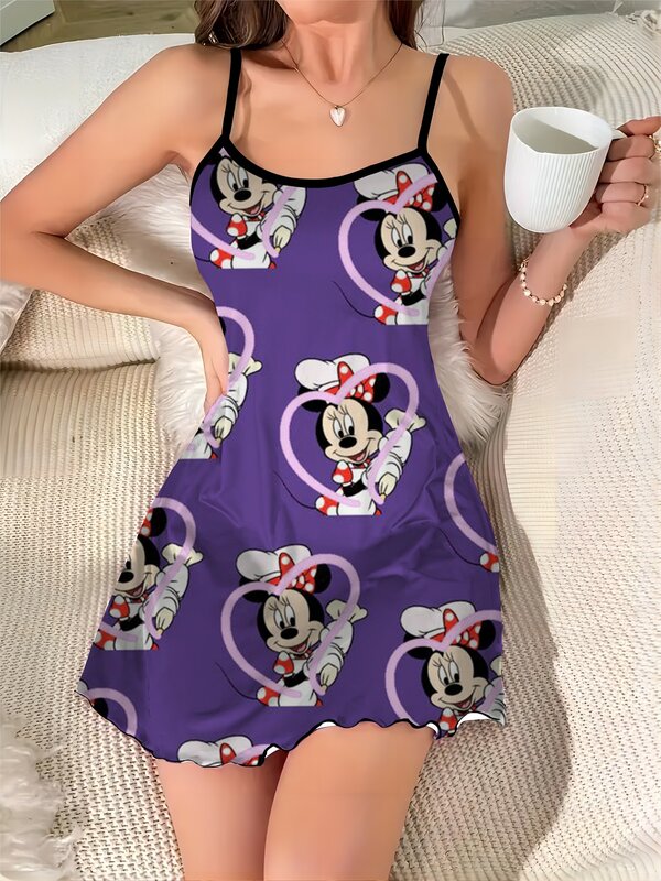 Disney-vestido Sexy elegante para mujer, falda de pijama de Mickey satinada, cuello redondo, ribete de lechuga, Minnie Mouse, Mini embellecedor elegante