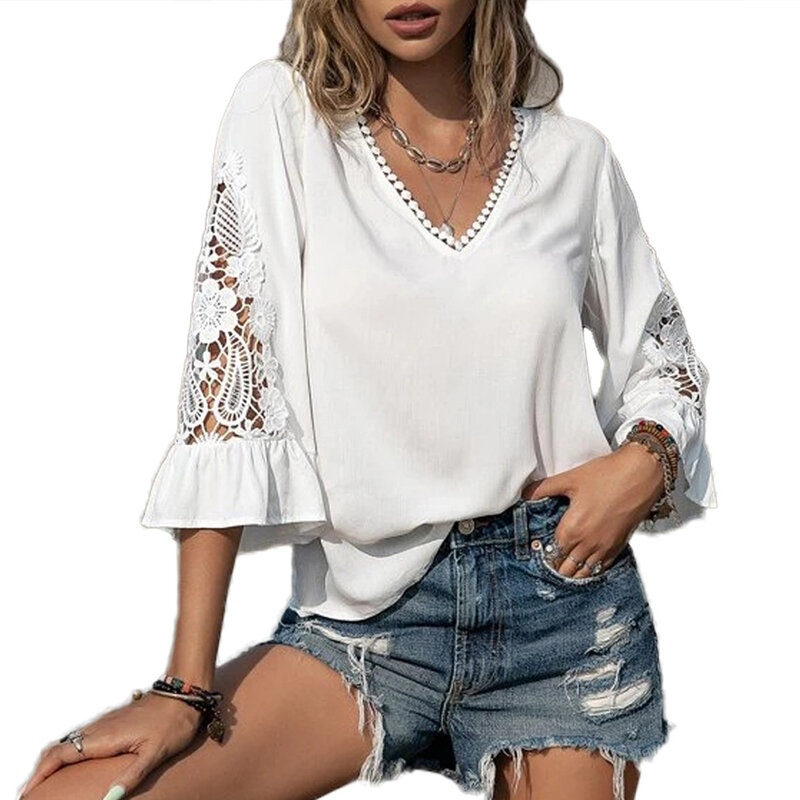 2023 Spring Summer Hollow Out Crochet Shirt V-neck White Lace Simple Blouse for Women Flare Sleeve Elegant Ladies Tops 28631