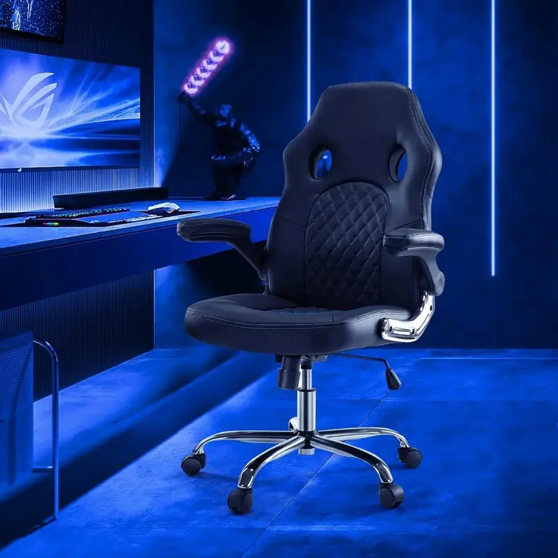Chaise de bureau ergonomique avec accoudoirs rabattables et support lombaire, fabrication en cuir PU, dossier central, chaise de jeu