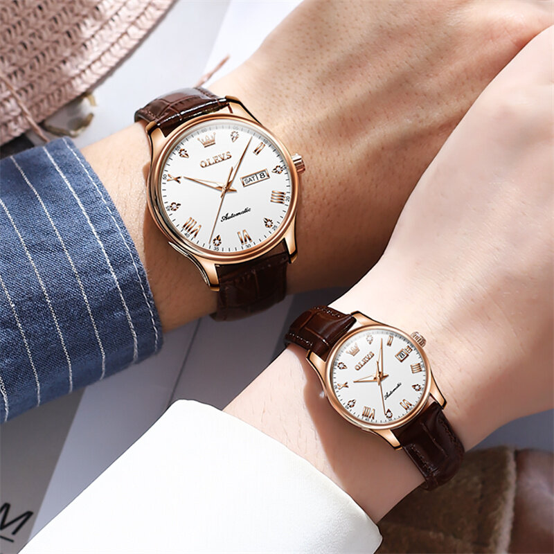 OLEVS 남녀공용 연인 시계, 자동 기계식 손목시계, 방수 날짜 로즈 골드, 커플 시계 선물, 패션