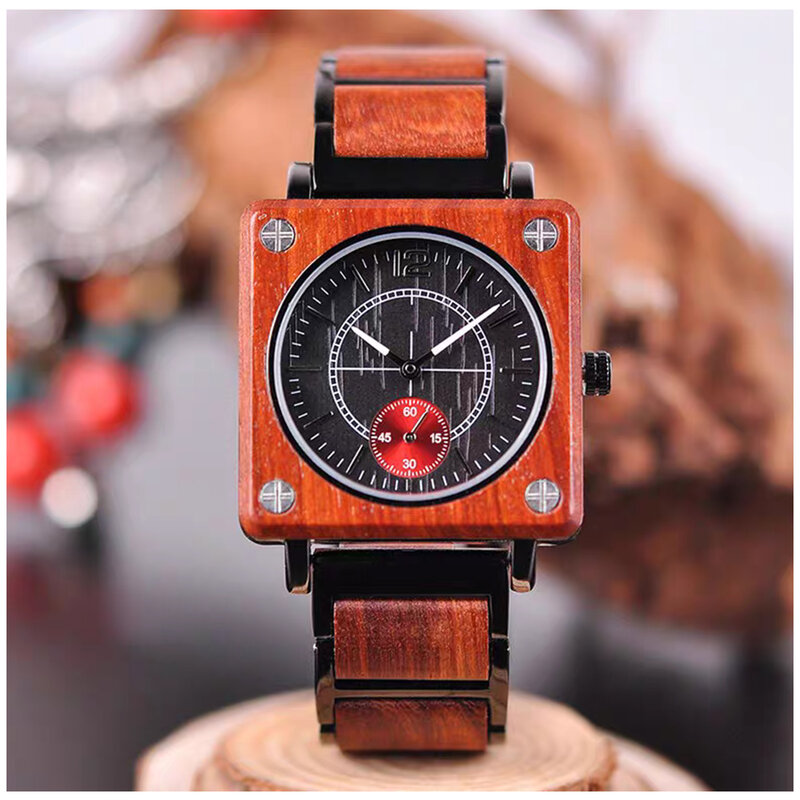 Jam tangan kuarsa uniseks, arloji kayu dan baja tahan karat kombinasi multifungsi dengan kronograf tahan gores, jam tangan hadiah untuk pria dan wanita