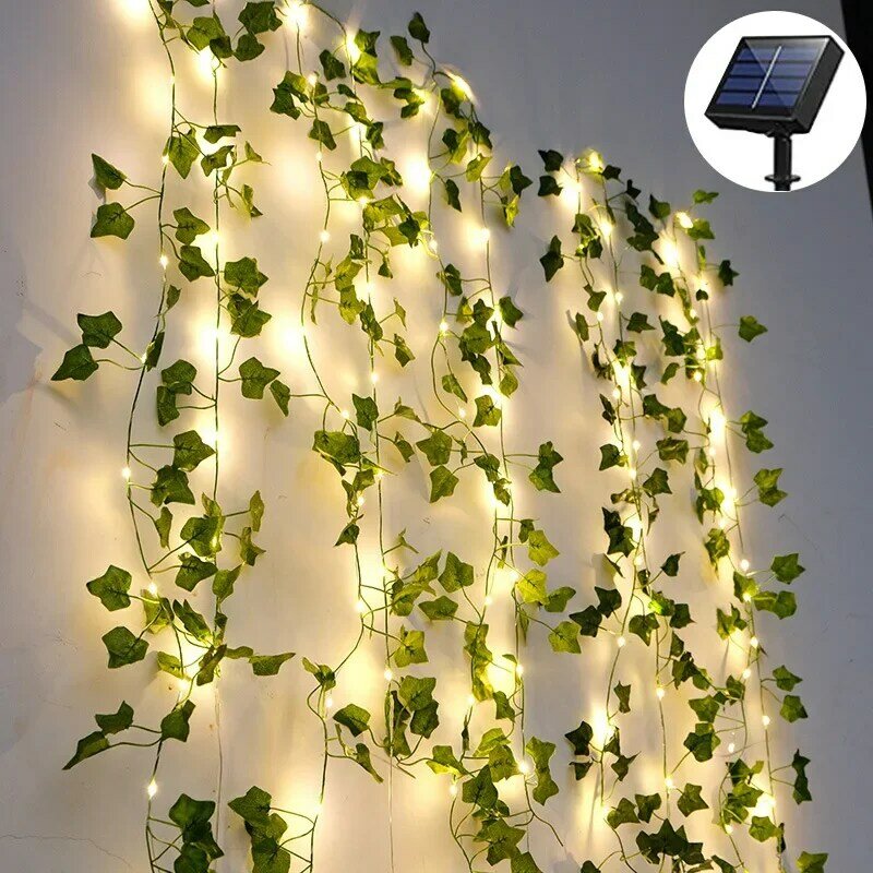 Guirnalda de luces LED de hiedra Solar para exteriores, vid Artificial, guirnalda de Navidad, cadena de hadas, lámpara de planta, hoja de arce, cadena de ratán verde