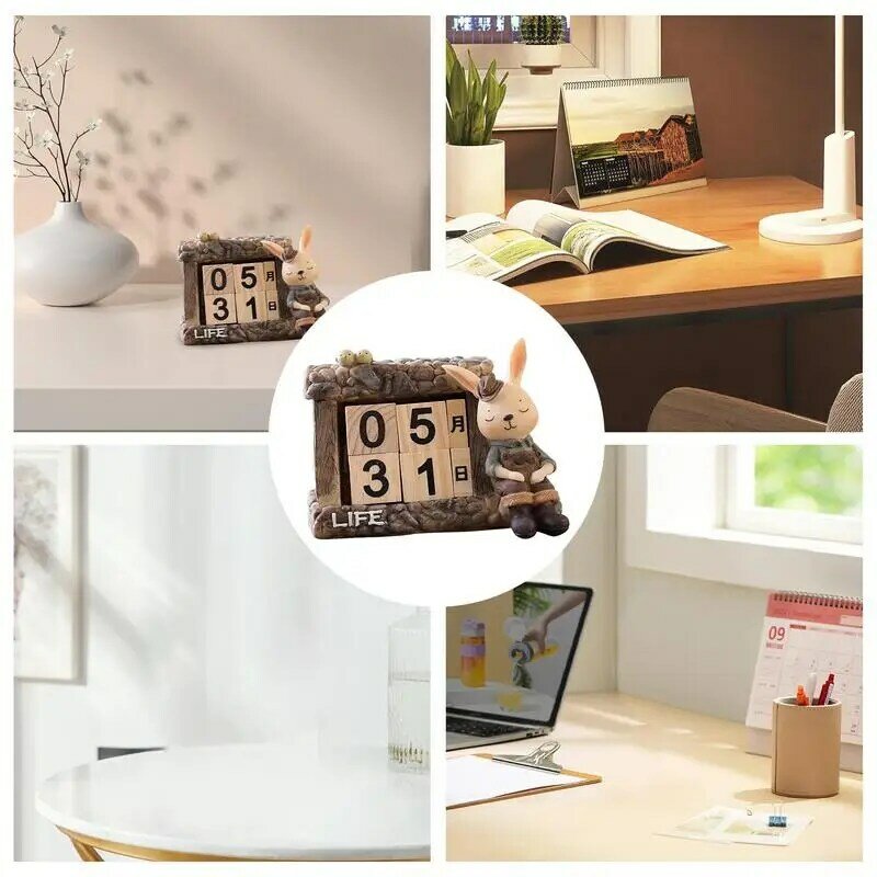 Bloques de calendario de escritorio, decoración de mesa de calendario perpetuo con diseño de conejo, madera maciza, hierro forjado para mesa de comedor, cocina pequeña