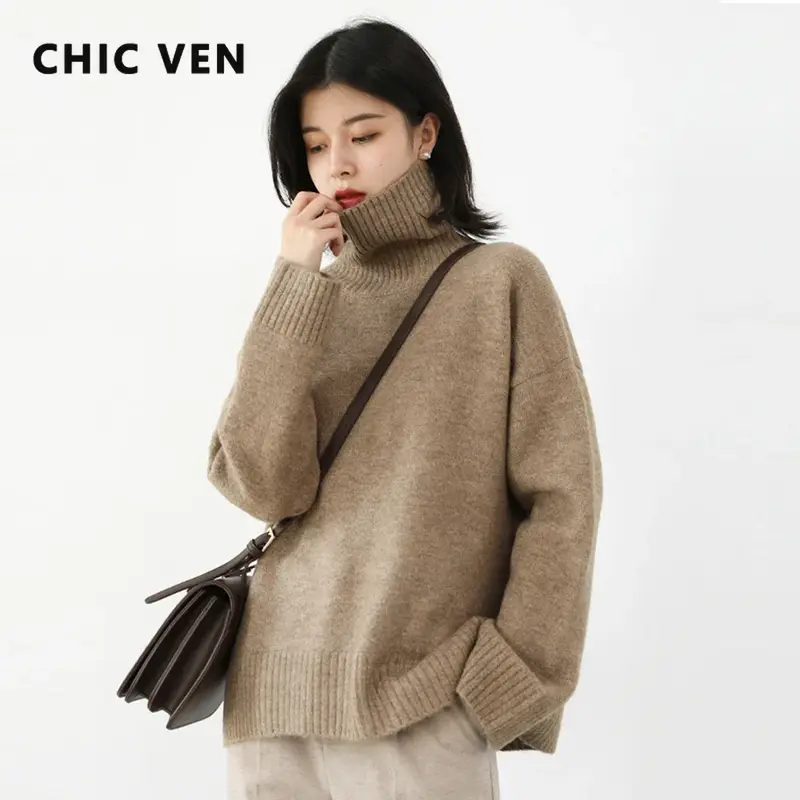 CHIC VEN 루즈핏 터틀넥 스웨터, 따뜻한 단색 풀오버 니트웨어, 여성 기본 상의, 한국 여성 스웨터, 가을 겨울 2022