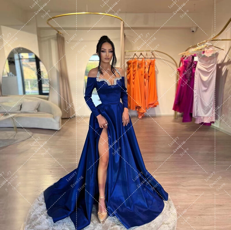Luxury Celebrity A Line Evening Dresses Woman's Sexy Side High Split Crystal Neck Formal Elegant Prom Gowns Vestidos De Fiesta