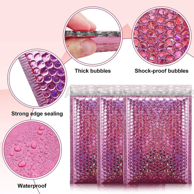 100 buah pembungkus amplop gelembung holografis Laser merah muda tas kurir tahan air dengan bantalan gelembung amplop kemasan pengiriman