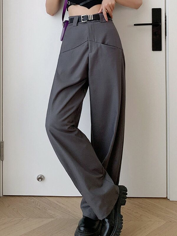 Pantalones de pierna ancha con cinturón para mujer, pantalón holgado informal de cintura alta, color negro, primavera y verano, novedad de 2023