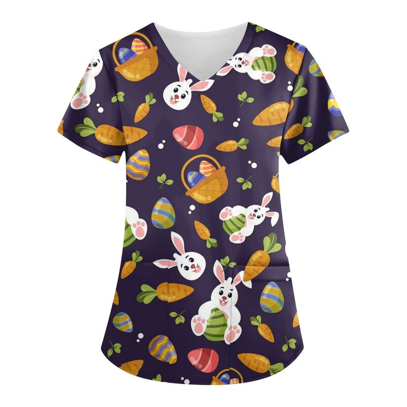 Camiseta con estampado Floral de Pascua para mujer, uniforme de trabajo ajustado con estampado de animales, ropa de trabajo, uniformes de enfermería, verano, 2024