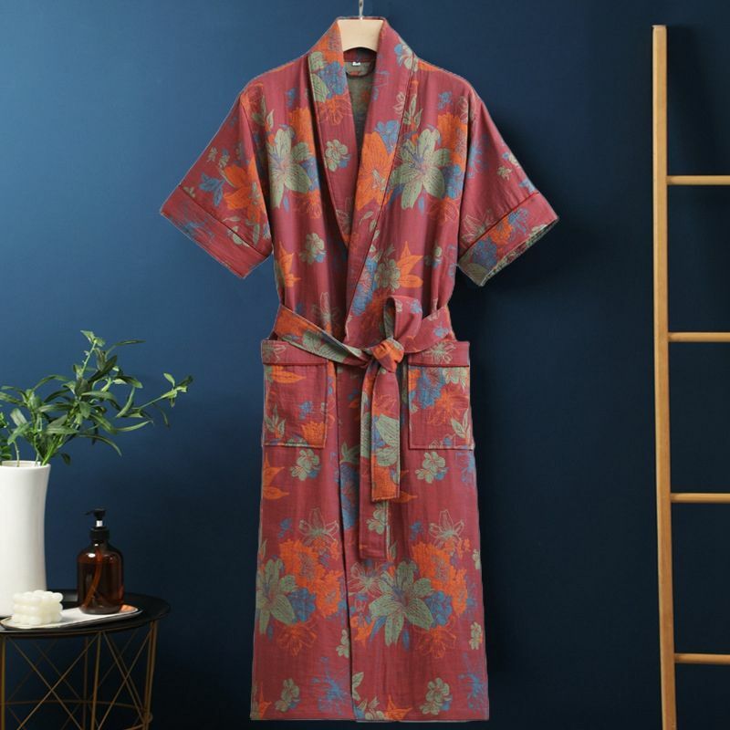 Top Quality 100% Cotton Bathrobe Men Short Sleeve Normal Absorbent Bath AMale Spring Summer Autumn Solid Dressing Gown