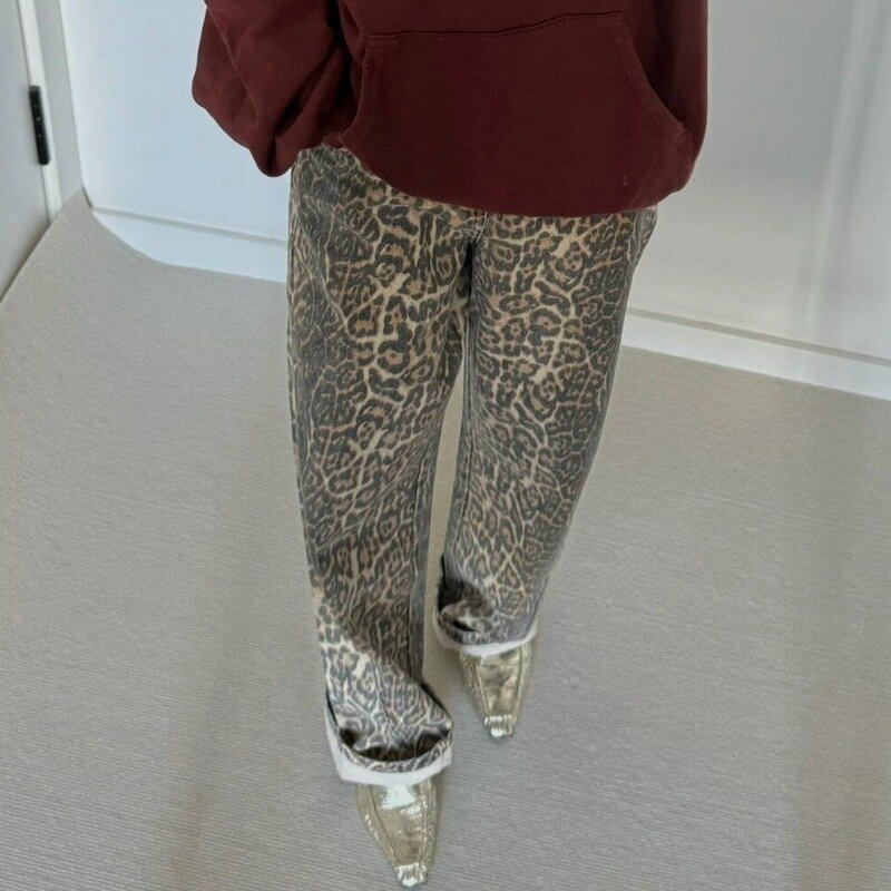 Deeptown Vintage Y2k longgar Leopard Jeans Wanita Streetwear Hippie celana Denim lebar Harajuku gbaru kasual musim semi celana longgar