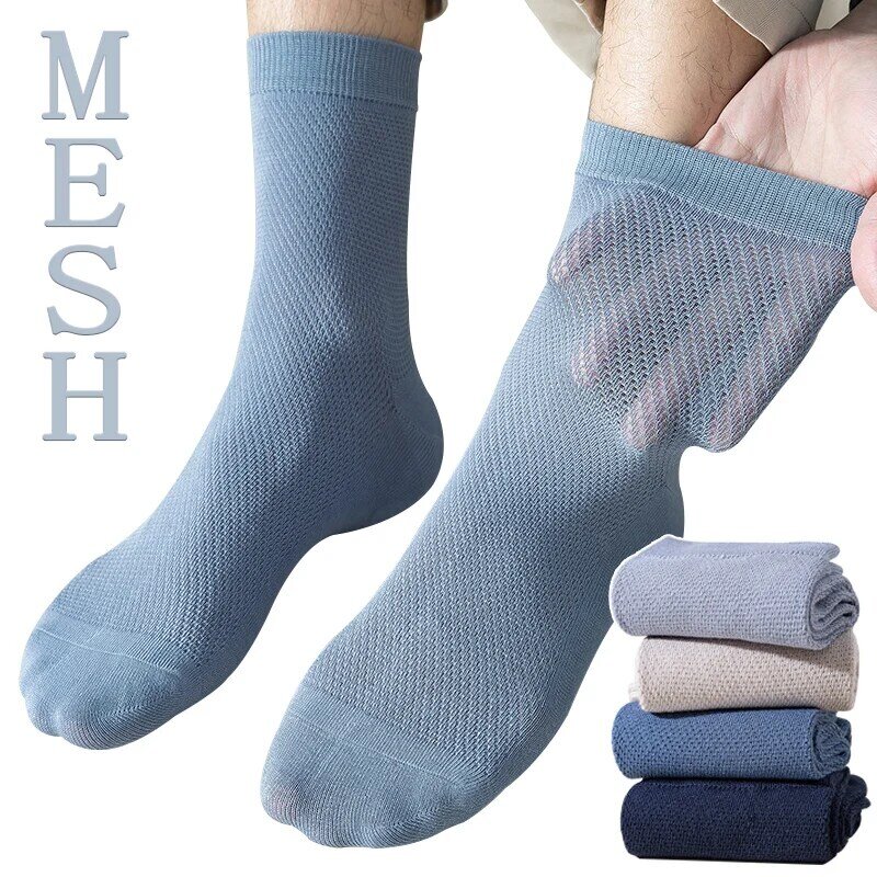 Business Mesh Men's Cotton Socks Solid Summer Breathable Soft Deodorization Casual Sweat Absorb Long Male Socks Large Size 38-45