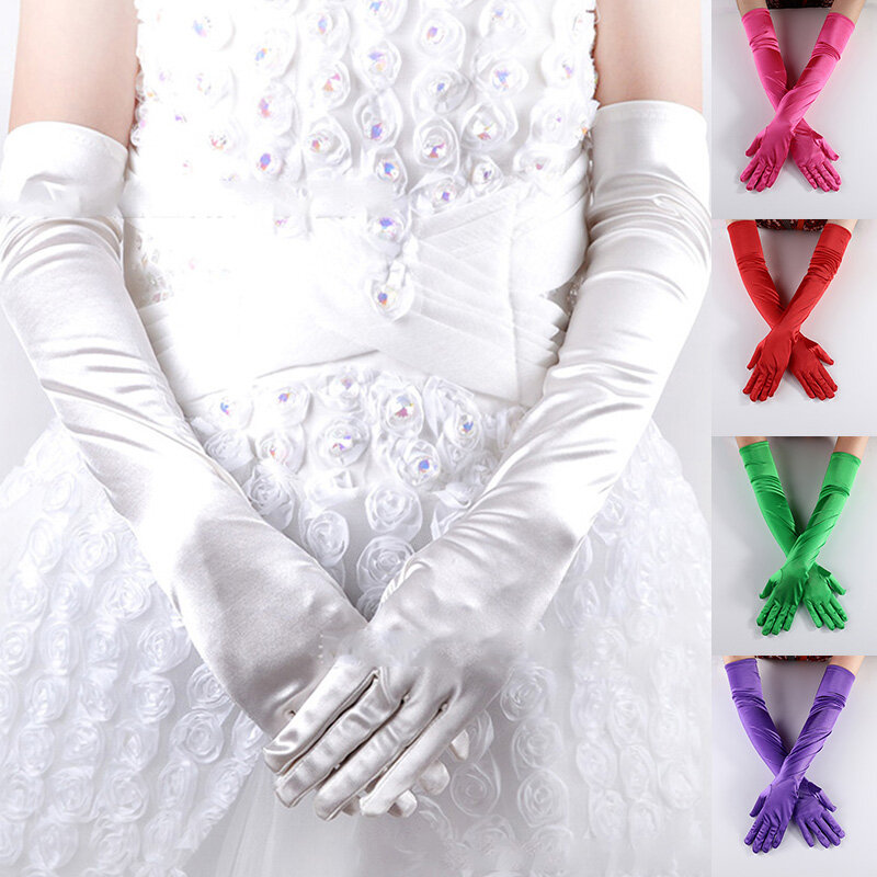 55cm Elegant Soft Bridal Party Gloves for Wedding Prom One Size Fashion Stretch Satin Opera Women Pink Gloves