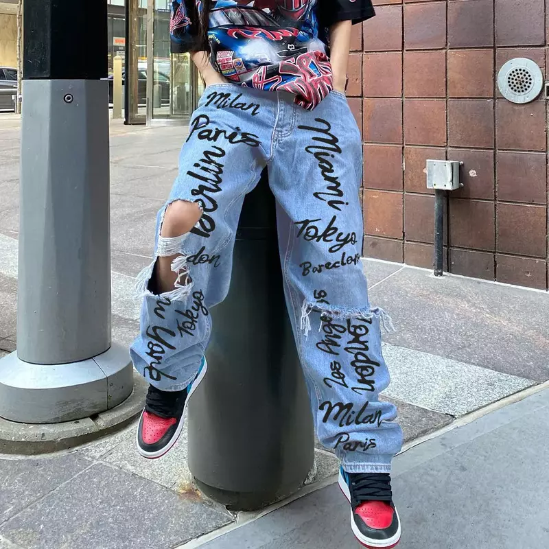 Y2K jeans retro das mulheres ins moda marca estilo quente esfarrapado escovado impresso hip-hop rua jeans casual frete grátis