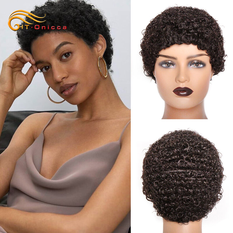 Pelucas cortas de cabello humano rizado brasileño para mujer, corte Pixie, negro Natural, uso diario