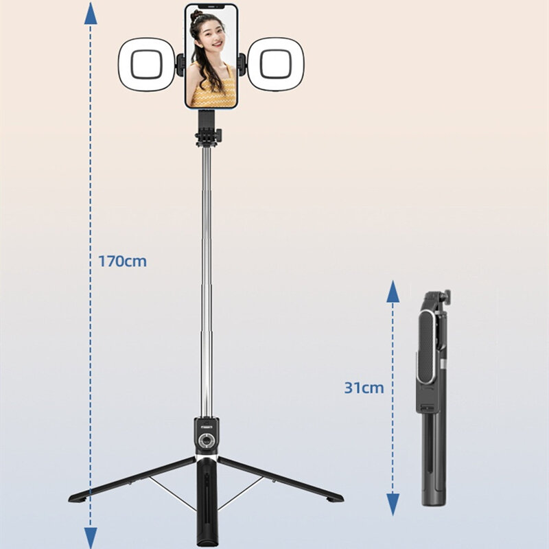 Bluetoothリモコン付きの新しい折りたたみ式ワイヤレスランプ1.7m,大型自撮り棒,シャッター付き三脚,iPhone 14用の詰め替えライト