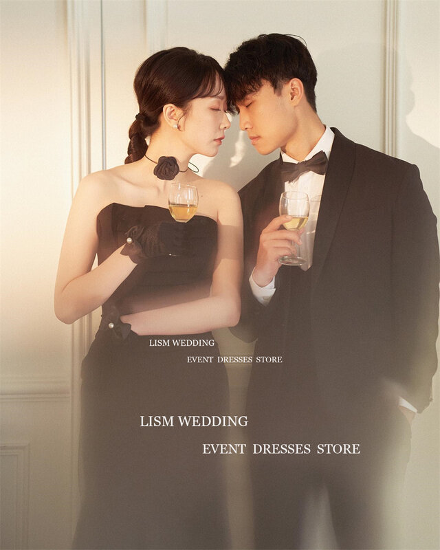 LISM gaun malam hitam Korea leher perahu, gaun pesta Backless bahan Satin lembut sederhana untuk foto pernikahan