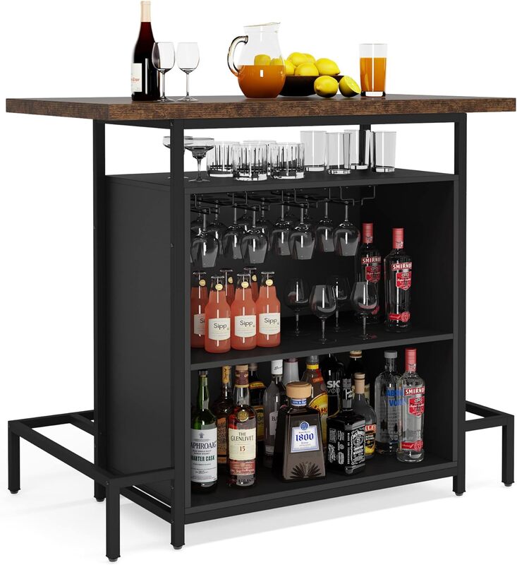 Home Bar unidade gabinete com pés, mesa industrial 3-tier Liquor Bar com Stemware Rack e armazenamento de vinho