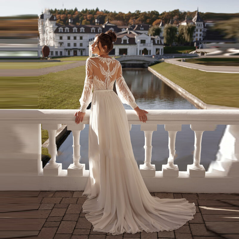 Gaun pernikahan wanita garpu tinggi seksi 2024 gaun pengantin pesta pengantin Vintage renda gading A-Line lengan panjang gaun pengantin wanita