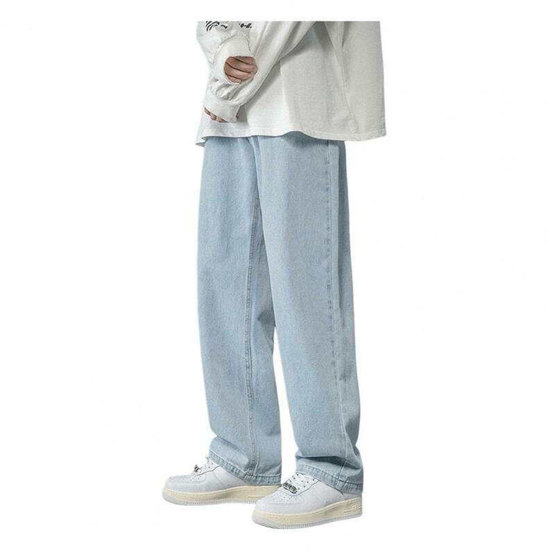 Comfortable Denim Jeans for Men Washed Loose Jeans Men's Wide Leg Denim Pants Hip Hop Style Washed Jeans with Pockets for Spring