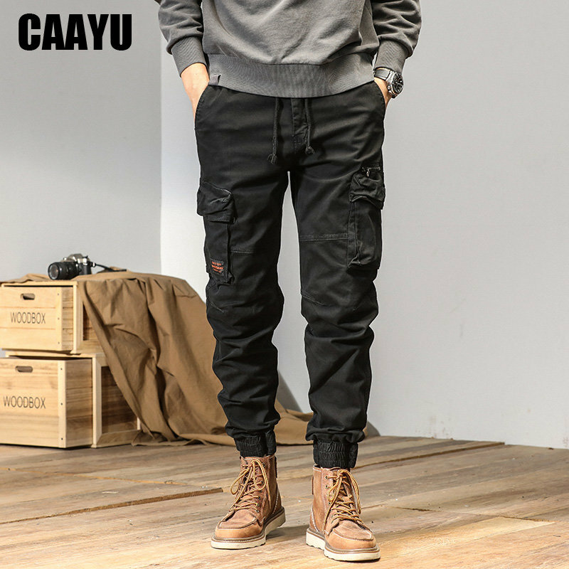 CAAYU-Calças Cargo Masculina com MultiPocket, Calças Masculinas, Calça de Moletom, Streetwear Casual, Faixa Tática, Black Joggers, Techwear, Y2K