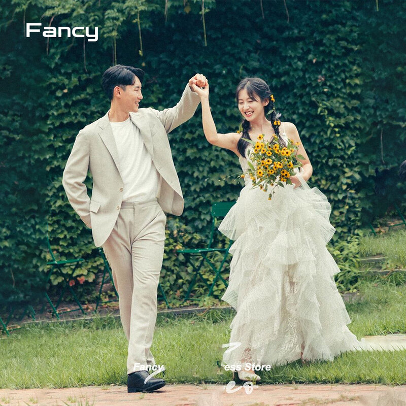 Fancy Princess V Neck Korea Wedding Dress Spaghetti Straps Sleeveless Bridal Gown Soft Tulle Floor Length Bridal Dresses