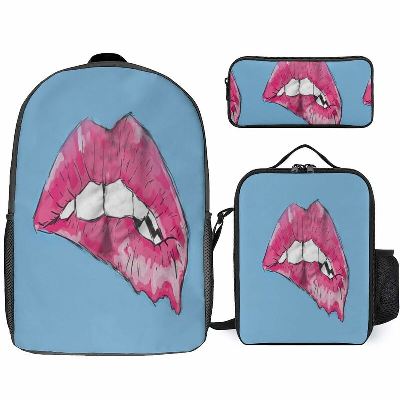 Ransel sekolah bibir merah seksi Set ransel modis untuk gadis remaja tas sekolah ransel Laptop perjalanan dan kotak makan siang tempat pensil
