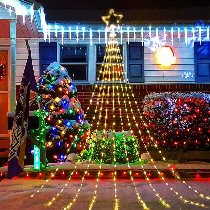 Guirnalda de luces LED de 9x2M para decoración navideña, guirnalda de luces de árbol de cascada para exteriores con estrella de adorno, 190 LED
