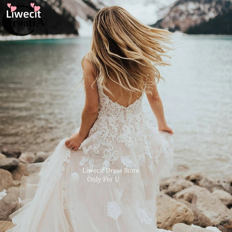 Liwecit-A-Line طويلة عارية الظهر تول فساتين الزفاف للنساء ، يزين الدانتيل ، السباغيتي الأشرطة ، العروس