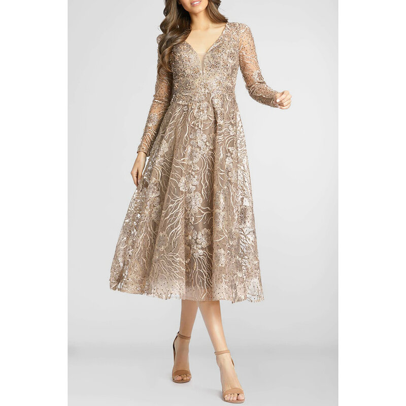 Plus Size Mother Of The Bride Champagne Lace Floral Double Layer Tunic Tea-Length V Neck Long Sleeve Dress
