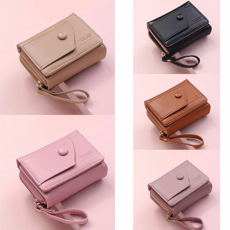 กระเป๋าสตางค์สามพับมีซิปหนัง PU แบบใหม่พื้นผิว Comfort กระเป๋าเก็บบัตรสีพื้น dompet koin สำหรับนักเรียนหญิง
