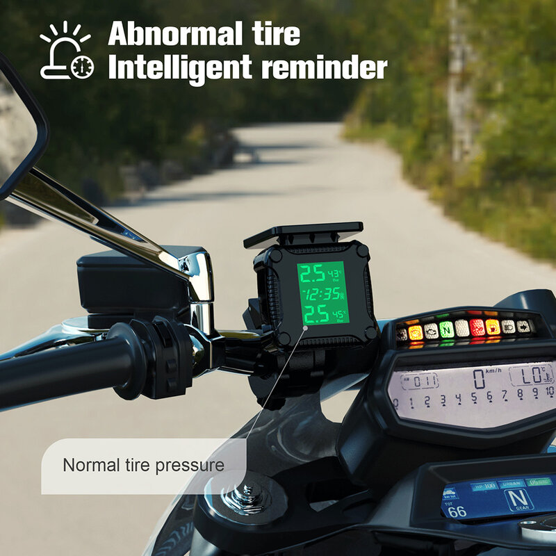 태양광 오토바이 TPMS 센서 2 개, 타이어 압력 모니터링 시스템, 타이어 테스터, 알람 경고 피트, 자전거 오토바이 액세서리