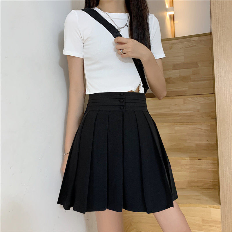 Spring Fashion Korean Bag Buttocks A-line Half Skirt Women Solid Elastic High Waist Button Design Versatile Pleated Half Skirts