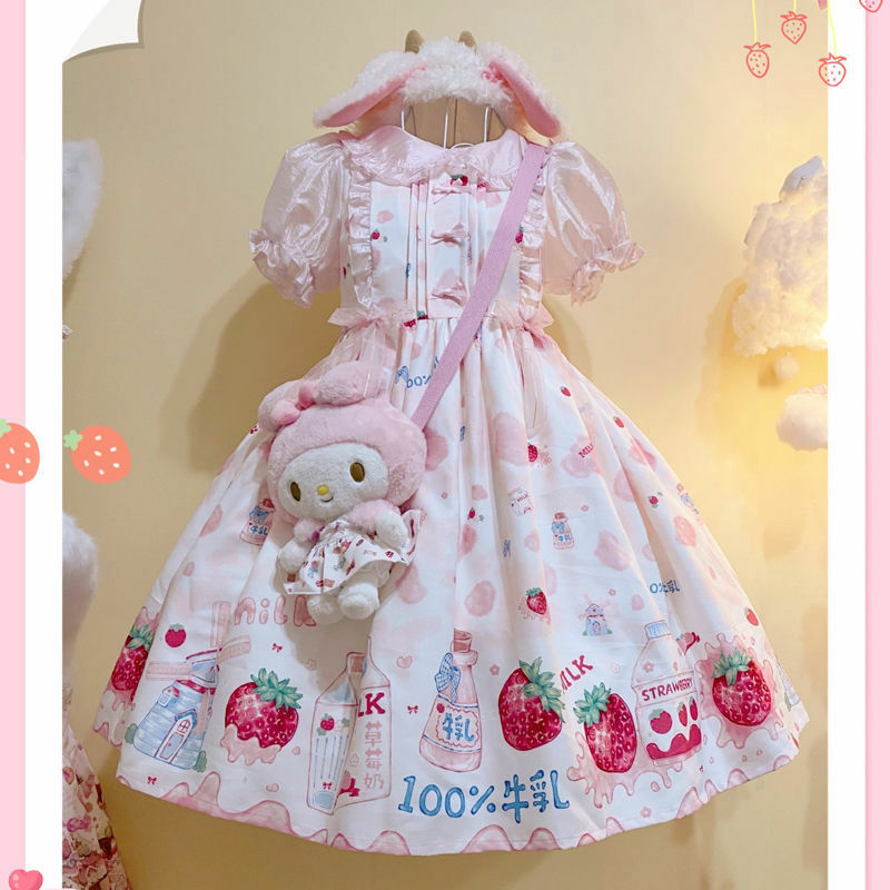 Truskawka mleczna sukienka Lolita japońska słodka Kawaii codzienna księżniczka sukienka z krótkim rękawem słodkie spotkanie przy herbacie Lolita miękka siostra sukienka