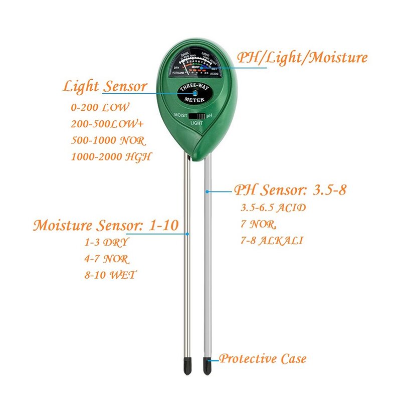 3 in1 Soil Water Moisture ph Meter Acidity Humidity Sunlight Light PH Test Moisture Meter Plant Outfdoor Soil Monitor Detector