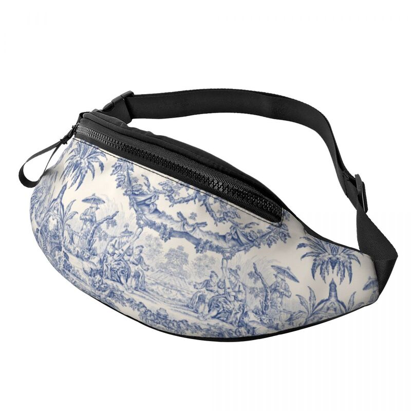 Custom Vintage Classic French Toile De Jouy Navy Blue Motif Pattern Fanny Pack Crossbody Waist Bag Cycling Camping Phone Money