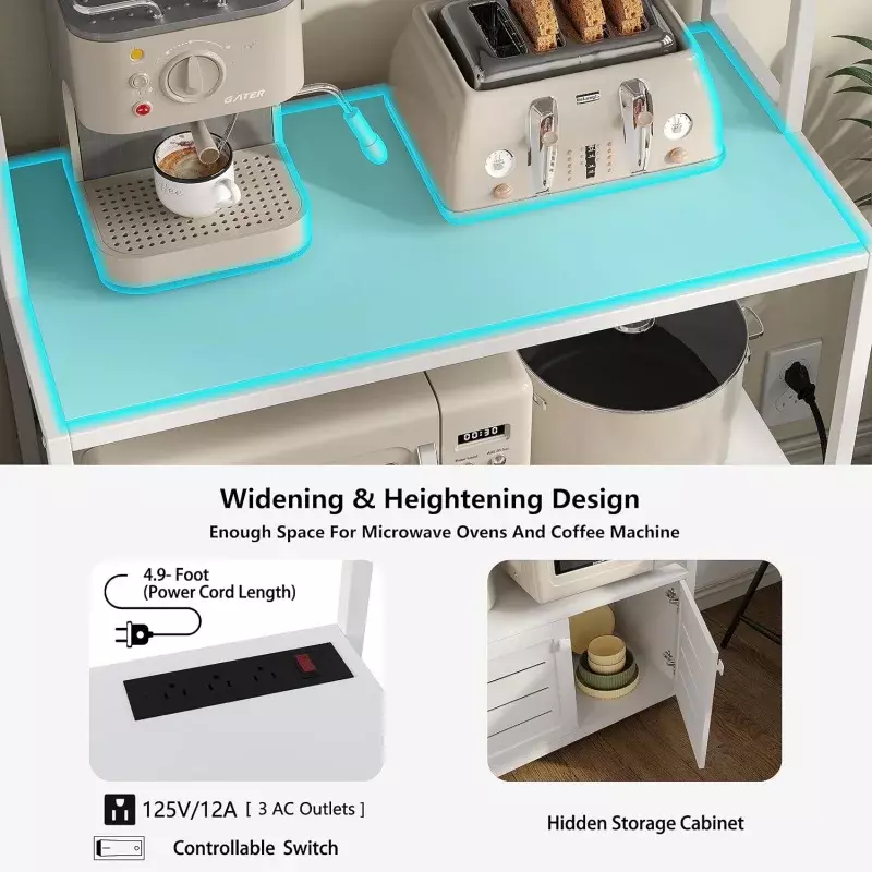 Furniouse 5-poziomowy stojak do piekarzy kuchennych z listwa sieciowa, przemysłowym stojakiem do kuchenki mikrofalowej z półkami, narzędzie kuchenne do przechowywania